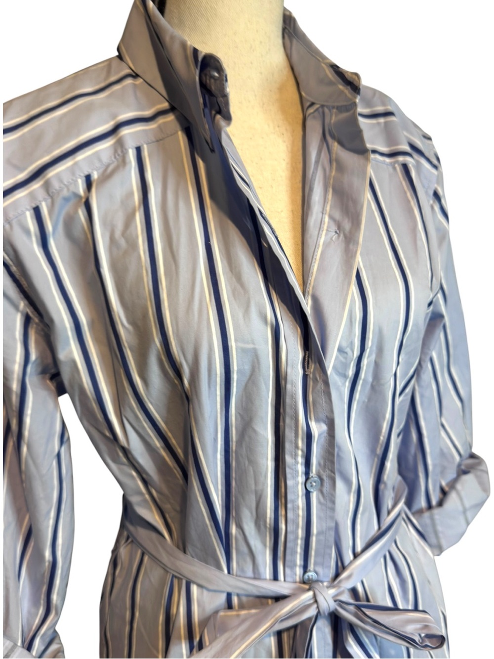 Grey Lab blue striped button front‎ belted midi shirt dress small - Picture 5 of 6
